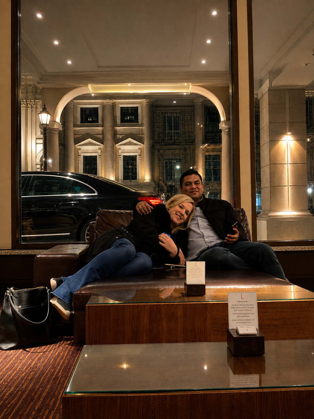 Nadine and Sobah relaxing in a Berlin hotel lounge at night