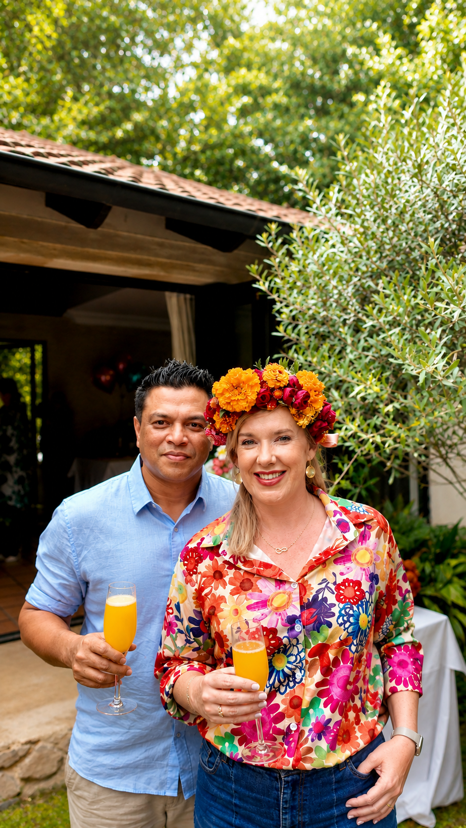 Nadine and Sobah celebrating with mimosas at their pre-wedding gathering