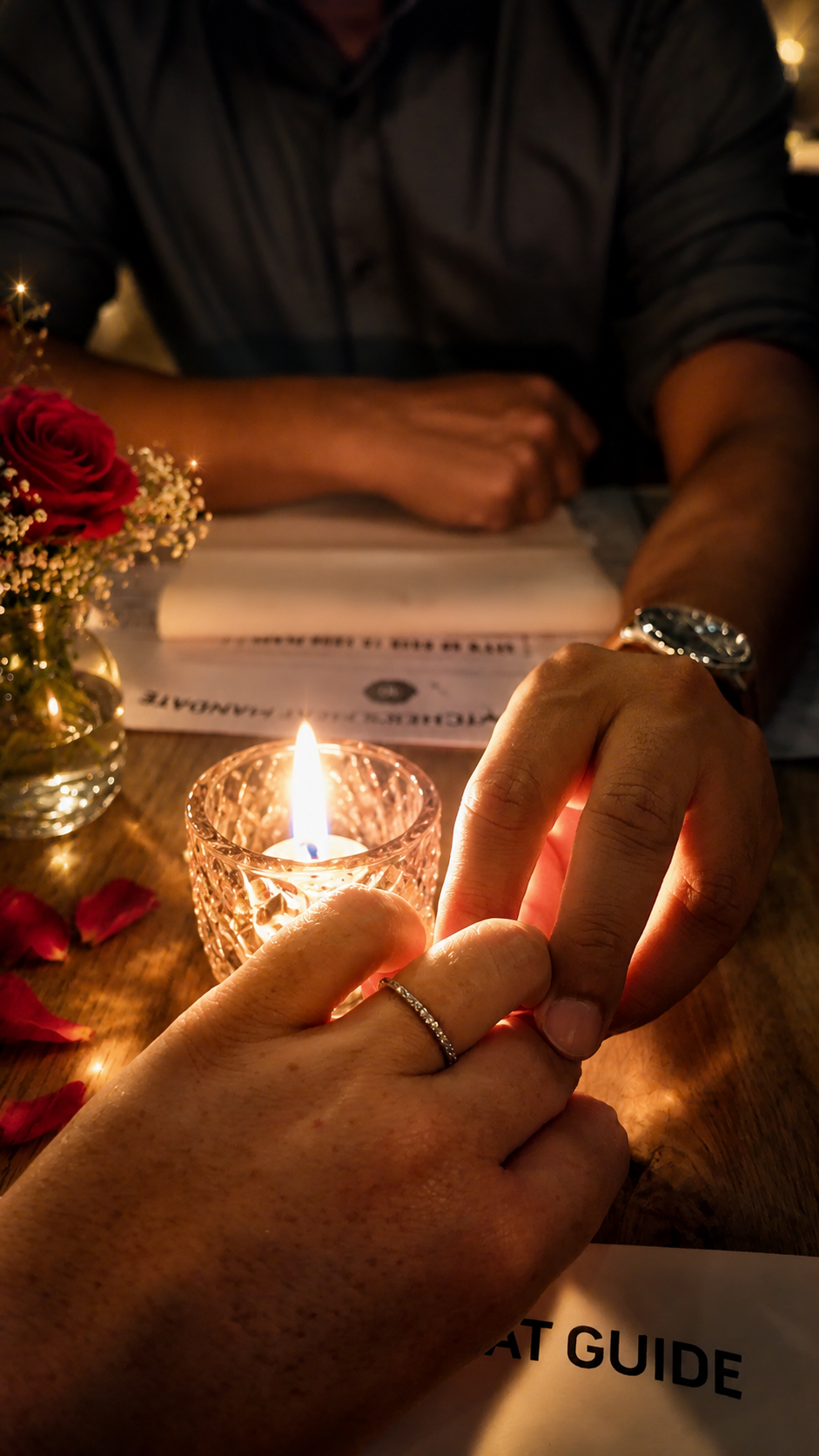 Candlelit hands holding at The Fat Butcher, showing the proposal ring